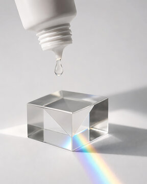 A white cosmetic tube dispensing a clear liquid drop above a glass prism casting a rainbow spectrum on a white surface in bright light