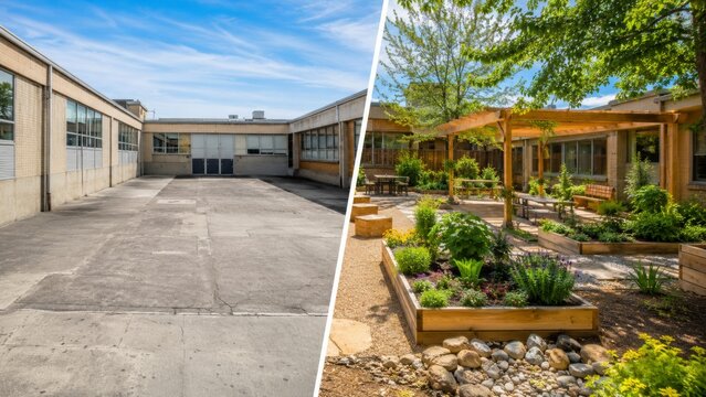 Bare school courtyard and outdoor classroom garden