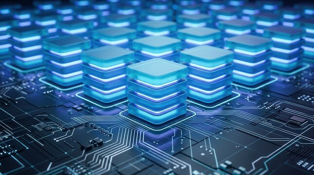 Cloud infrastructure concept featuring layered blue server stacks on a high-tech circuit board for efficient data processing.