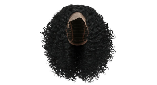 Curly human hair wig with lace front showing scalp detail isolated on transparent background