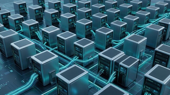 Complex network of server racks and cables illustrating data orchestration and system integration.