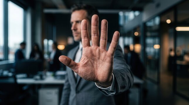 Close up of a businessman's hand signaling stop to represent rigid behavior and lack of flexibility.