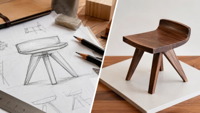 Simple chair sketch and finished wooden furniture prototype