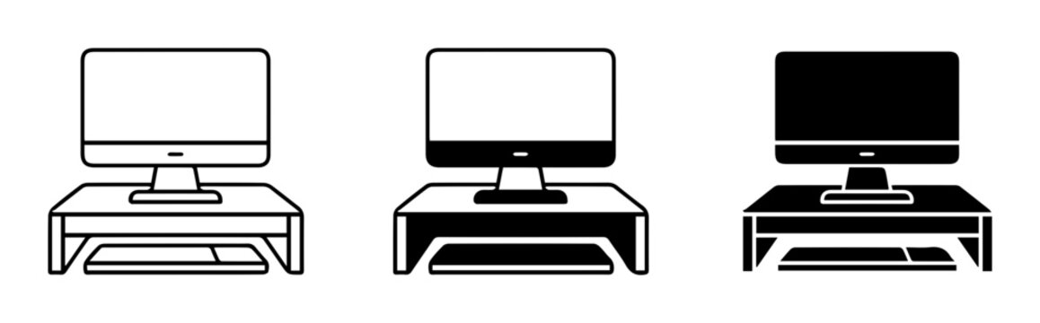 3 computer monitor silhouette icons set, modern desktop setup, office technology