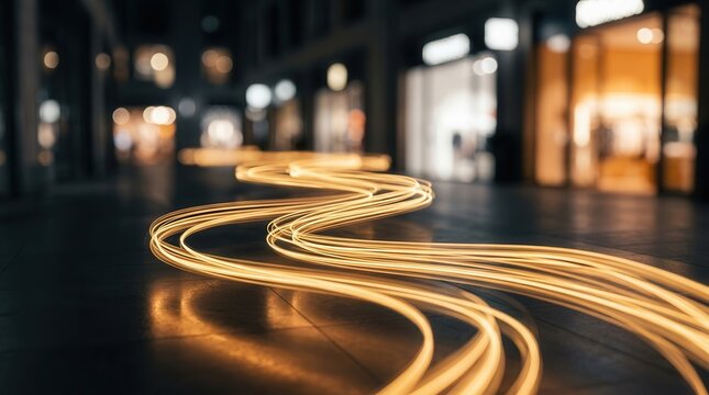 Conceptual retail customer journey illustrated by abstract light trails and a blurred storefront.