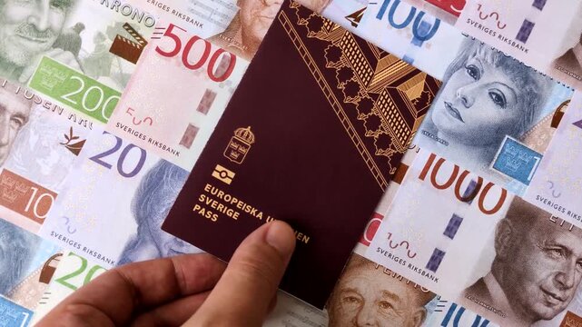 Sweden, swedish passport or id document with tickets for flight, travel, border crossing. Swedish passport and tickets as a background for your design