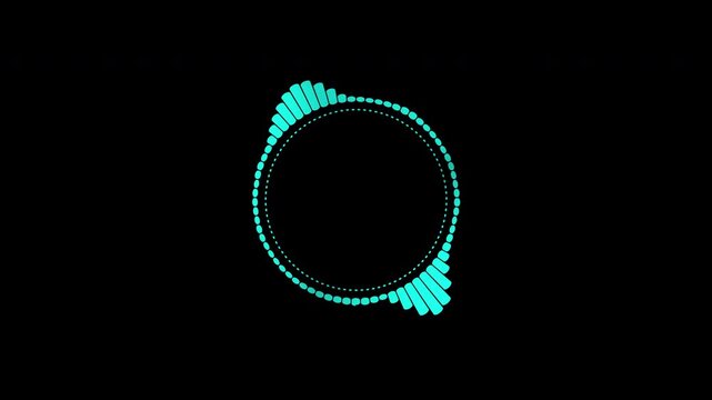 A beautiful circular interface, speech bubbles, music, sound spectrum, equalizer, 4K video, and animated sound waveforms on a black and white background.