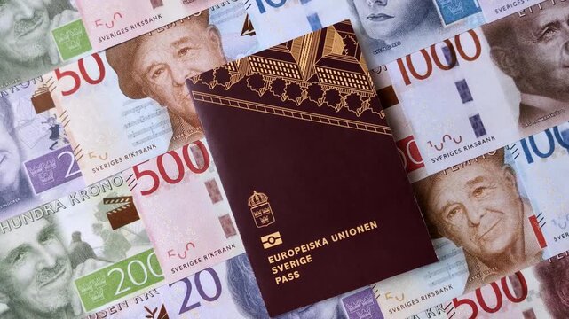 Sweden, swedish passport or id document with tickets for flight, travel, border crossing. Swedish passport and tickets as a background for your design
