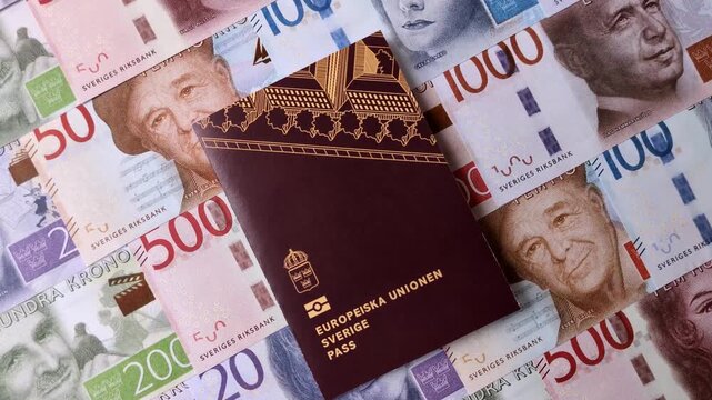 Sweden, swedish passport or id document with tickets for flight, travel, border crossing. Swedish passport and tickets as a background for your design