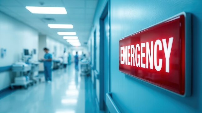 An empty hospital emergency room corridor with blue lighting and a red sign.