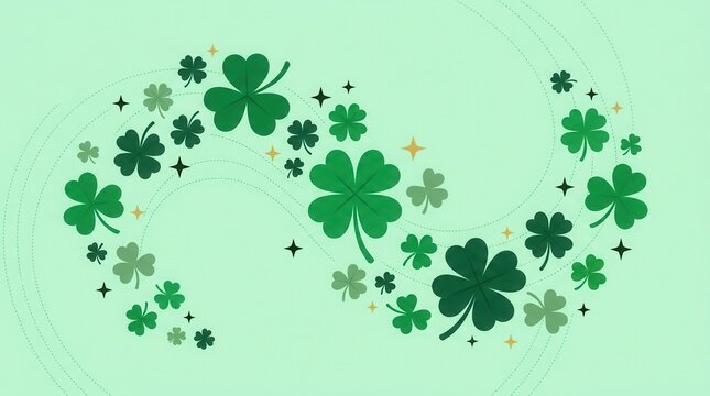 A festive Saint Patrick's Day greeting card featuring green clover leaves and stars on a pastel green backdrop.
