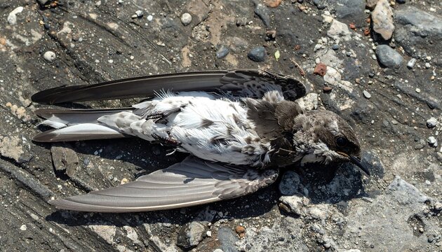 Close-up shot of a fallen seabird with dark wings and white underbelly, lying still on a rough, gray stone surface
