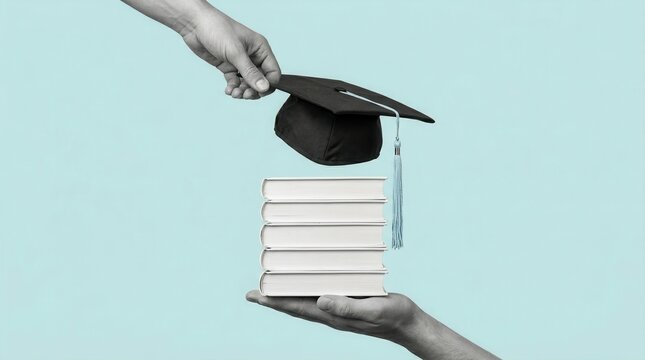 Academic achievement concept featuring a stack of books and a graduation cap held by hands.