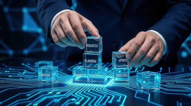 Professional concept of business analysis, planning, and development using glowing blocks.