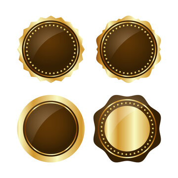 Luxury gold blank badge collection with glossy metallic finish and elegant decorative borders. Premium seal templates for branding, packaging, certificates, awards, labels and luxury products.