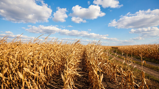 Golden Corn Field Ready for Harvest in Sustainable Agriculture with Healthy Crop Production Beautiful Rural Farmland Landscape Natural Food Source and Seasonal Farming
