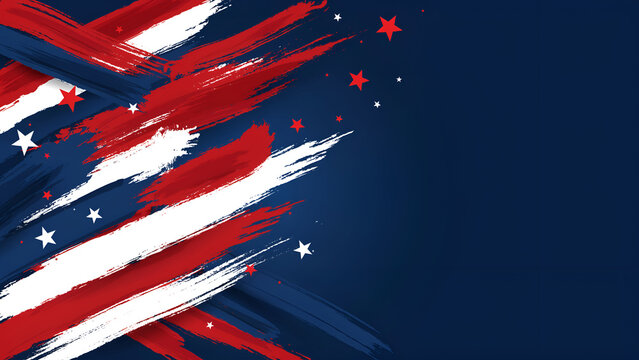 Red, white, and blue abstract brush strokes with stars background