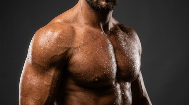 Glistening sweat on the skin of a muscular man's shoulder and chest, close-up shot.