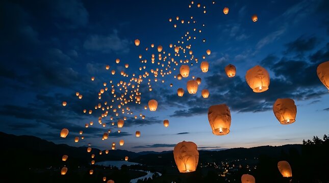 Sky lantern festival at dusk hundreds of lit lanterns ascending
