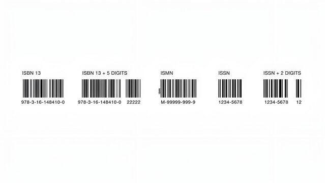 Set of five different barcode formats with isbn, ismn, and issn labels