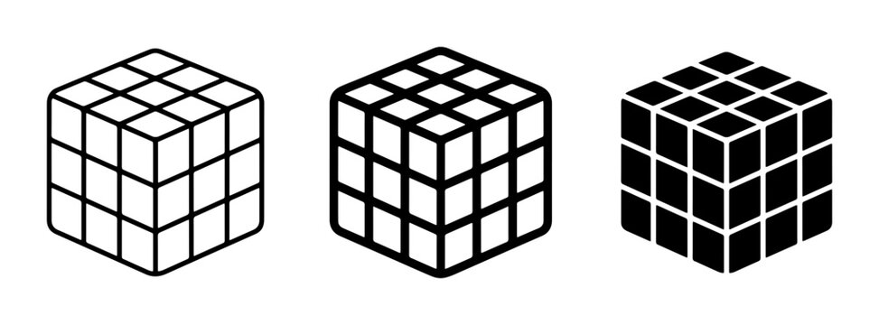 Cube puzzle icon set for strategy and logic games, outline, solid and color styles, white background