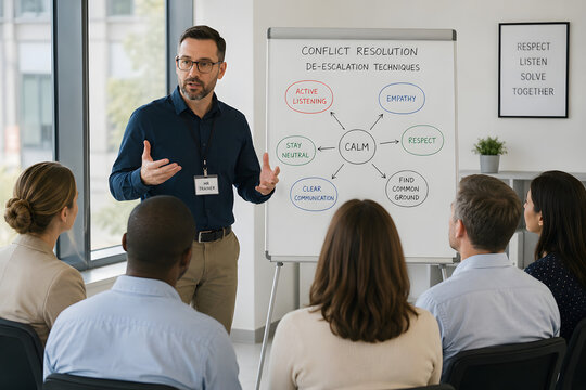 HR trainer demonstrating workplace de-escalation and conflict resolution techniques during a corporate training session with employees in a modern conference room.
