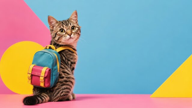 tabby cat wearing round glasses and a colorful backpack, sitting and gazing upward on a bright pink and blue geometric background, concept of back to school and playful education