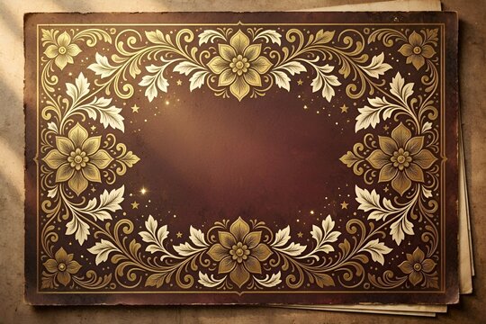 Poster Abstract Vintage Festive Floral White and Royalty Western Gold Leaf Floral Ornament Pattern on Bronze Red Maroon Stock Background & Copy Space. Nature Foliage Flourish Swirl Sparkles Silhouette