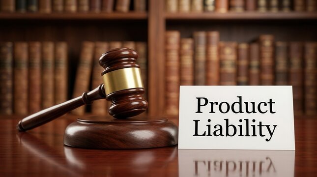 Defective merchandise litigation concept showing a wooden gavel and product liability sign on a desk.