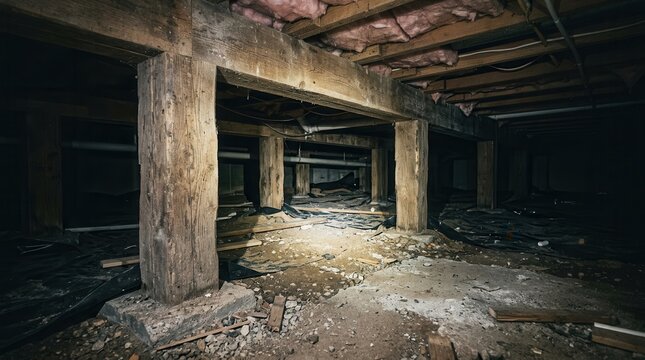 Residential crawl space repair involving wooden beams and structural support posts.
