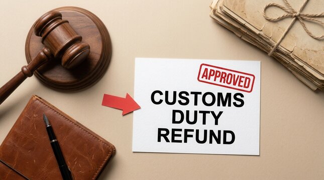 Legal judicial authorization for a customs duty refund featuring a gavel and trade compliance files.