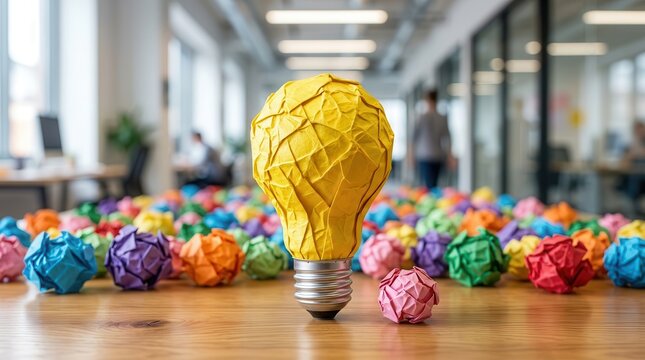 Creative prototyping process showing a bright yellow paper lightbulb emerging from a sea of colorful crumpled paper waste.