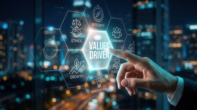 A concept of values driven marketing with digital icons for sustainable success and business value.