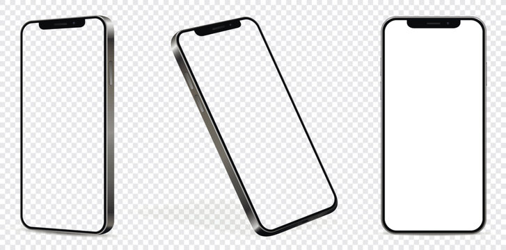 Smartphone mockup with blank empty screen. Front and side view with white and empty screen on transparent background.