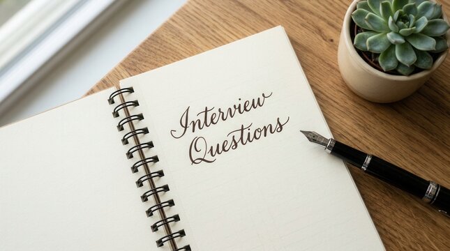 Job candidate preparation with an interview questions notebook, pen, and succulent on a wooden desk.