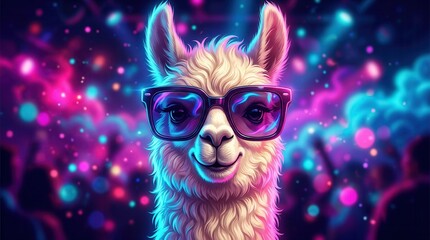 Fototapeta premium Happy llama with sunglasses amidst glowing neon lights in a disco party atmosphere.