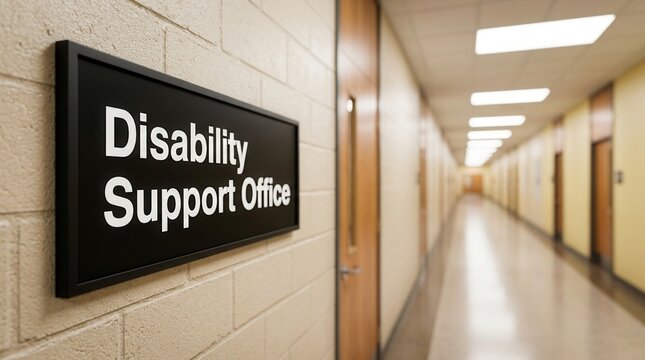 Accessibility and special needs education resource sign in a school corridor.