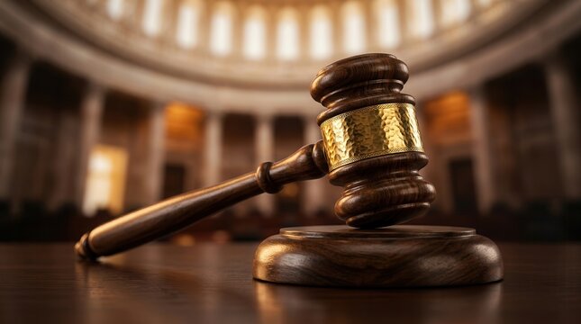 Symbol of authority and legislative power with a wooden gavel and government architecture.