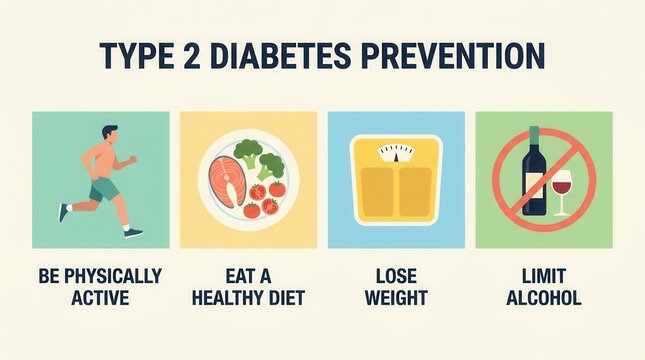 Health management guide for type 2 diabetes prevention with diet, exercise, and alcohol limitation tips.