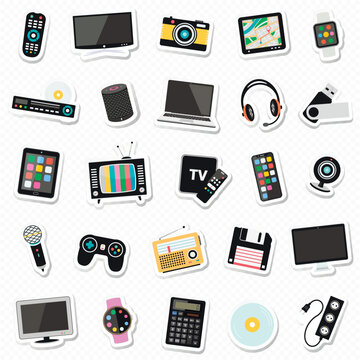 Different digital devices, technology and media gadget stickers isolated on transparent background.