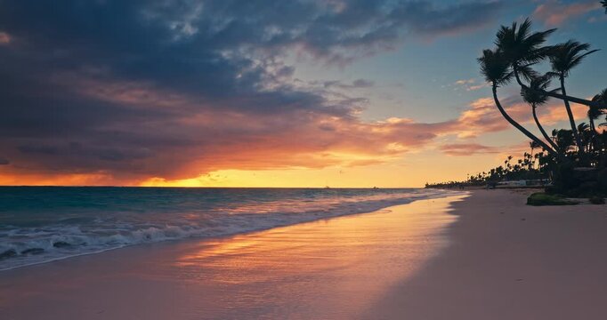 Caribbean Sunrise Landscape of Sea shore and exotic island beach with palm trees and rocks Dominican republic