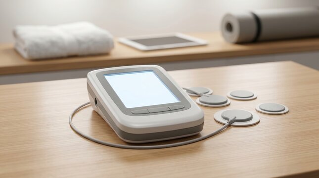 Electronic muscle stimulator tens machine with electrode pads on wooden table