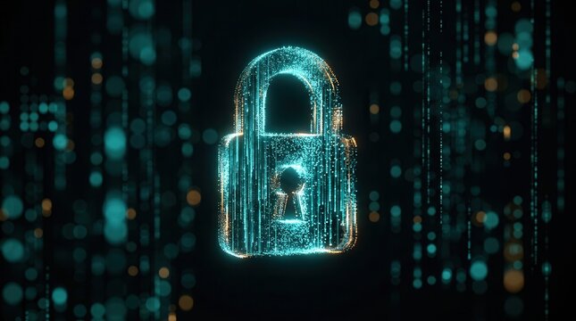 An abstract visualization of data protection and operational safeguards using a glowing padlock.
