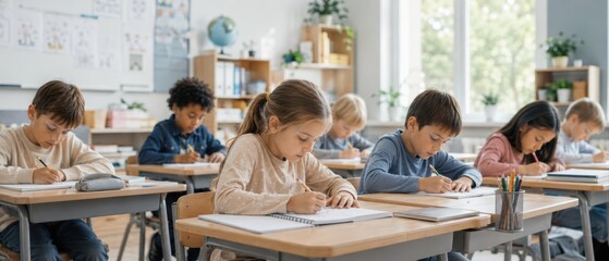 Obraz premium elementary school students writing in notebooks with pencils at wooden desks during a classroom lesson