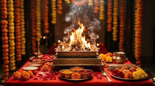 Ornate Havan kund with sacred fire and rising smoke on a red altar with puja offerings.