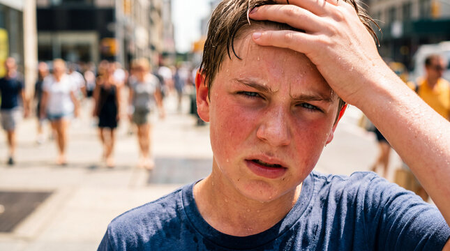 Sweaty teenage boy suffering from summer heat on a city street. Exhausted youth with a red flushed face holding his hand to his forehead. Urban heatwave and extreme weather concept