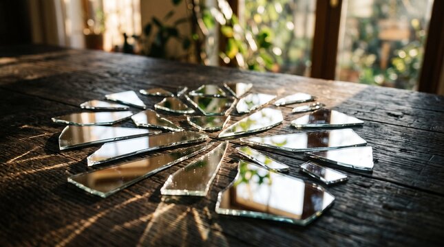 Sharp shards of broken mirror arranged on a rustic wooden table