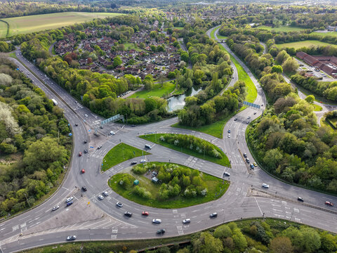 Aerial View of Large Roundabout with Traffic in Basingstoke Hampshire UK Urban Infrastructure