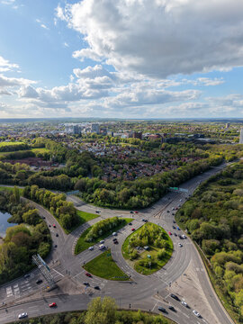 Aerial View of Large Roundabout with Traffic in Basingstoke Hampshire UK Urban Infrastructure