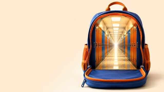 Open blue school backpack showing a glowing hallway with orange lockers inside, creative back to school education concept with copy space